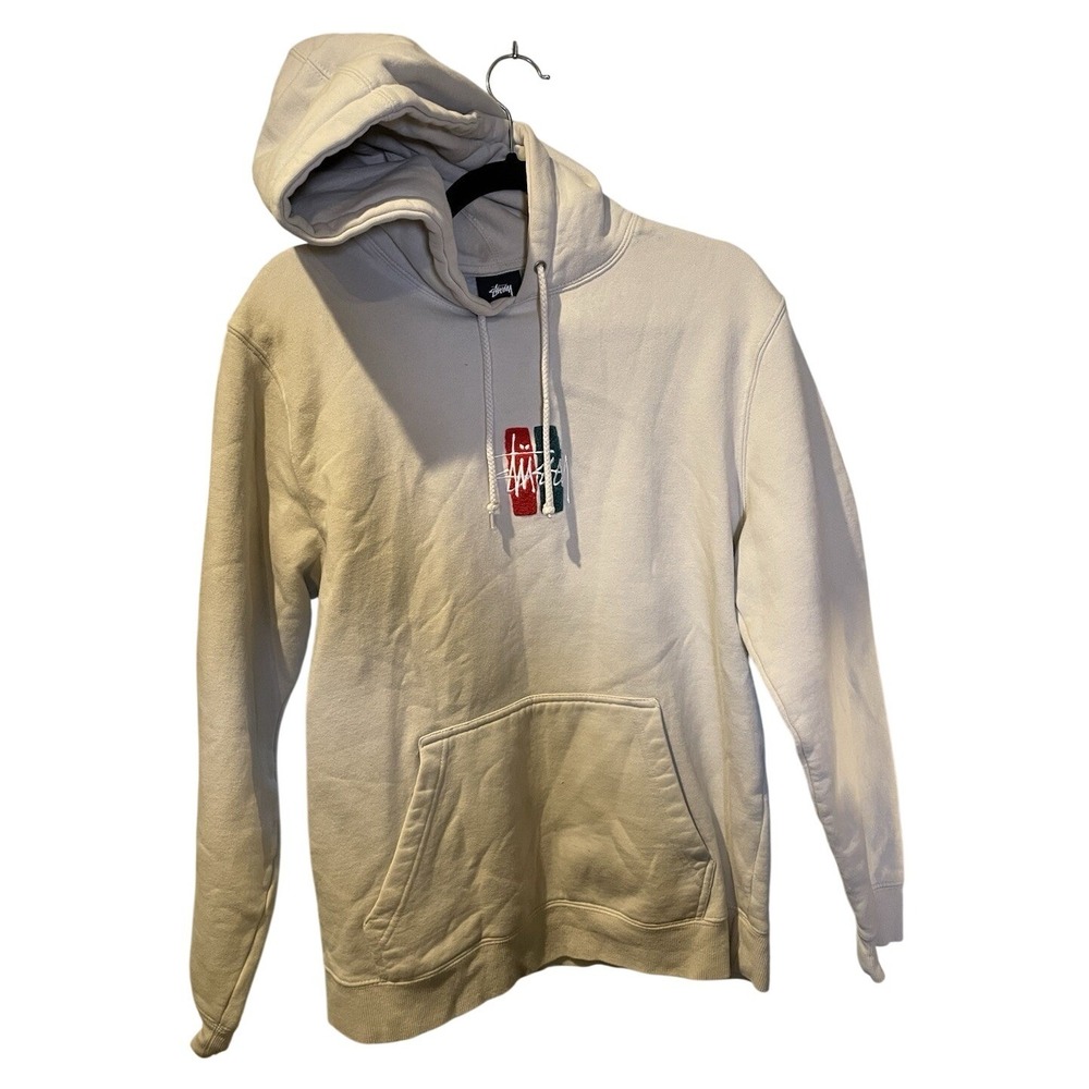 Stussy Men's Embroidered Hoodie Pullover Sweatshirt Tan Large Streetwear Casual